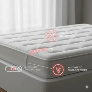 Diagram highlighting safety features including overheat protection and 10-hour auto shut-off.