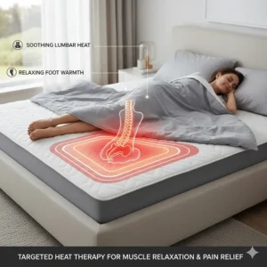 Illustration highlighting heat distribution to the lower back and feet for muscle relaxation and pain relief on a king mattress.