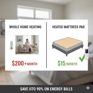 Infographic comparing the low energy cost of using a heated mattress pad versus raising the thermostat for the whole house.