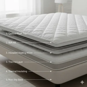 Diagram showing the internal layers of a heated mattress pad, including the soft quilted top and insulated heating wires.