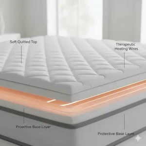 Cross-section illustration showing the soft quilted top and thin heating wires of a mattress pad for back pain.