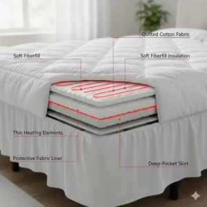Cross-section of a queen mattress pad showing soft quilted cotton layers and thin heating wires.