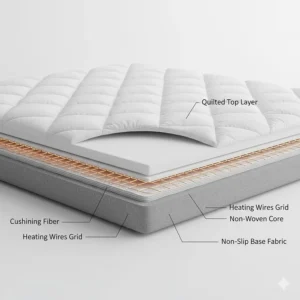 A cross-section diagram of a heated mattress pad showing the quilted top layer, heating wires, and non-slip bottom.