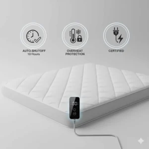 An icon-based illustration highlighting safety features like automatic shutoff and overheat protection in modern mattress pads.
