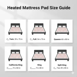 A size chart for heated mattress pads ranging from Twin and Full to Queen, King, and California King.