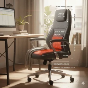 Technical drawing showing the dimensions and size specifications for a standard heated office chair.