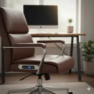 A close-up view of a comfortable, heated office chair with the heat setting control visible on the side of the seat.