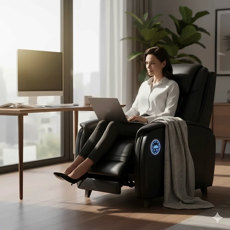 A professional sitting comfortably in a black heated office chair at a desk, promoting productivity during cold weather.