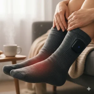 A close-up view of a person wearing electric heated socks, providing warmth and therapeutic relief for arthritis pain and stiffness in the feet and ankles.