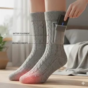Diagram showing the discreet pocket and placement of the rechargeable battery pack on the cuff of high-quality heated socks, designed for extended arthritis therapy.