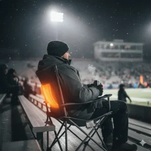 A fan sitting comfortably in a heated stadium chair while watching an outdoor sporting event during cold weather.