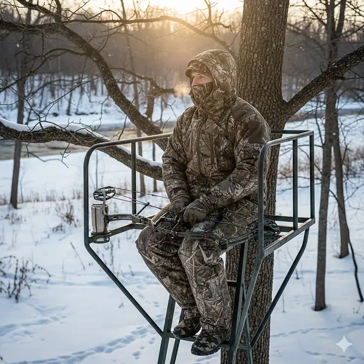 A hunter wearing a camouflage Heater Body Suit while sitting in a treestand during a cold winter hunt.