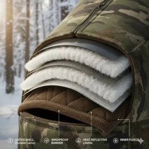 A cross-section illustration showing the multi-layer thermal insulation and windproof barrier of a Heater Body Suit.