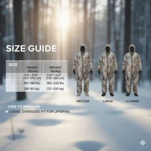 A visual size guide showing how the Heater Body Suit fits different body heights and weights.