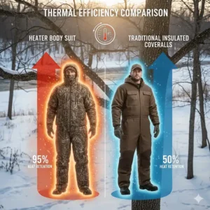 A comparison diagram showing the heat retention benefits of a Heater Body Suit versus standard insulated hunting coveralls.