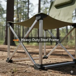 Focus on the heavy-duty steel frame and robust construction of the reclining heated camp chair.