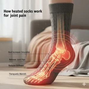 Illustration demonstrating how the warmth from heated socks improves blood circulation to the feet and toes, helping to reduce joint pain and inflammation caused by arthritis.