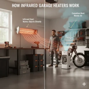 Diagram comparing an infrared garage heater heating solid objects versus a convection heater warming the air.