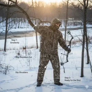 A step-by-step illustration showing how to silently slide the suit off the shoulders to prepare for a shot.