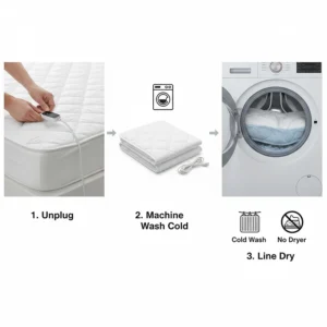 An instructional illustration showing the removal of the power cord before machine washing a heated mattress pad.