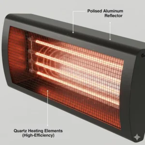 Close-up illustration of the reflective housing and heating element of a high-efficiency infrared garage heater.