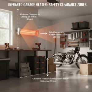 Safety diagram highlighting the necessary clearance distances for an infrared garage heater to prevent fire hazards.