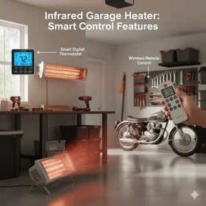 Digital interface and remote control options for a modern programmable infrared garage heater.