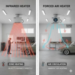 A side-by-side comparison illustrating heat distribution patterns of infrared and forced air gas garage heaters.