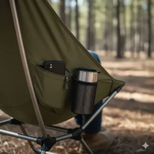 Detail shot of the integrated side pockets and cup holder on the insulated heated fishing chair.