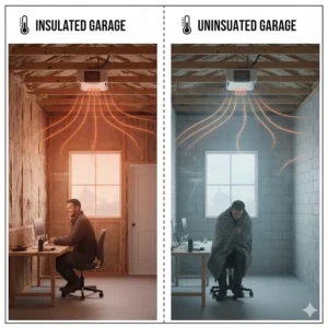 An illustration showing how heat retention improves when using a gas garage heater in a fully insulated workspace.