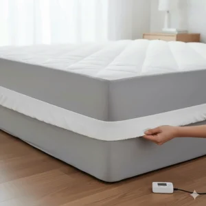 Illustration demonstrating the elastic skirt of a king size heated mattress pad fitting over a thick 18-inch mattress.