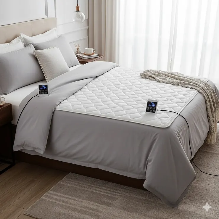 A luxurious king size heated mattress pad with dual controls on a fully made bed, showing two controllers on bedside tables.