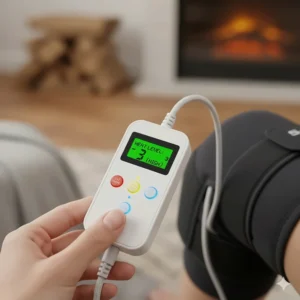 Illustration showing three adjustable heat settings on a knee heating pad controller.