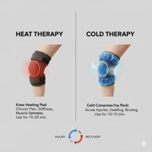 Comparison graphic showing when to use a knee heating pad versus a cold compress for injury recovery.