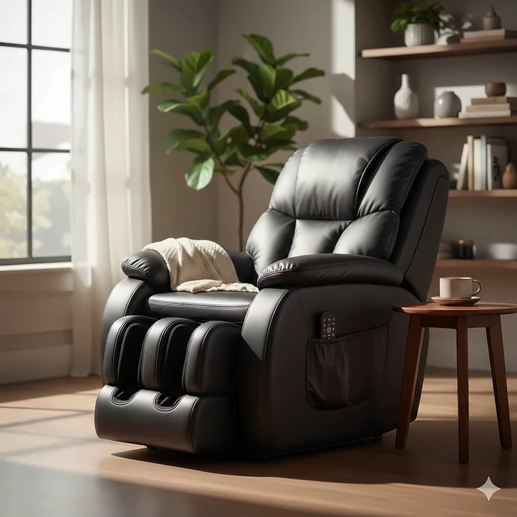 A luxurious black leather recliner massage heat chair in a living room, highlighting the ergonomic design and comfortable padding.