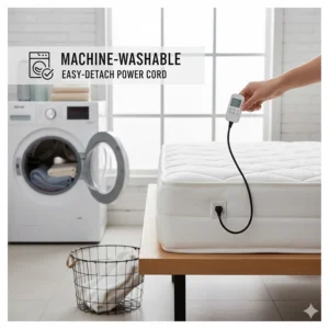 Illustration showing the detachable power cord for a machine-washable king size heated mattress pad.