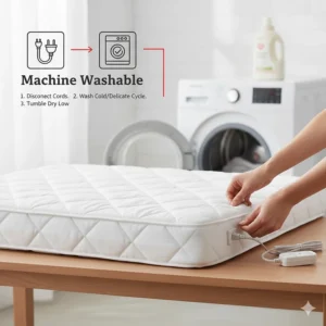 Iconography showing how to disconnect the power cord to safely machine wash the mattress pad.