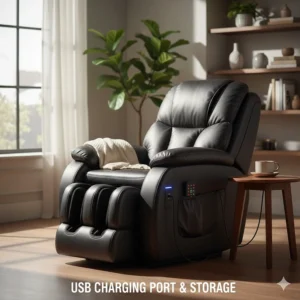 Detail showing the convenient built-in USB charging port and side storage pocket on the recliner massage chair for easy access to devices.