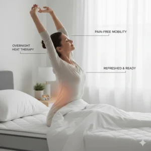 Illustration of a person waking up feeling flexible and pain-free after using a heated mattress pad overnight.