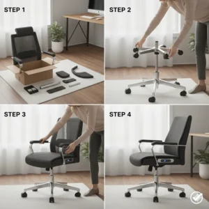 Step-by-step instruction showing the quick and simple assembly process for the new heated office chair.