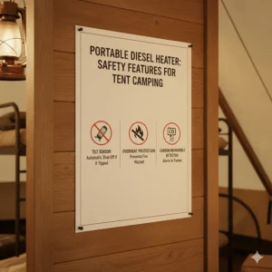 Infographic highlighting key safety features, like tilt sensors and automatic shut-off, on a modern diesel heater suitable for tent use.