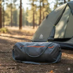 A lightweight, portable heated camping chair folded up and stored in its carrying bag for easy transport.