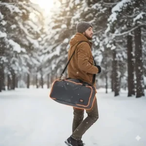 A person carrying the portable heated outdoor chair folded up in its carrying bag, demonstrating how easy it is to transport for camping or events.