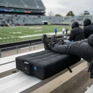 A portable, battery-powered heated chair cushion being used outdoors at a sporting event, showing its convenience.