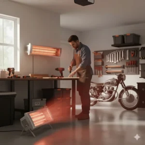 A portable infrared garage heater used for targeted zone heating at a woodworking station.