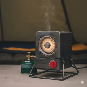 Close-up of a portable propane camping heater with its flame ignited, suitable for use in well-ventilated tents.