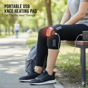 Illustration of a portable knee heating pad being powered by a power bank for on-the-go use.