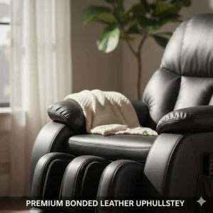 Close-up texture of the premium bonded leather or microfiber upholstery on the massage chair for maximum durability and comfort.