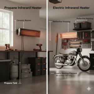 Comparison of a propane-powered infrared garage heater and a high-efficiency electric radiant model.