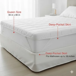 Size chart showing the deep pocket fit of a queen heated mattress pad on a standard mattress.